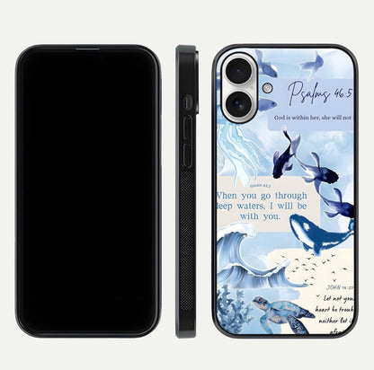 Faithful Ocean Promise Glass Case for iPhone 17 dual-view layout showing sea horizon art and curved polish