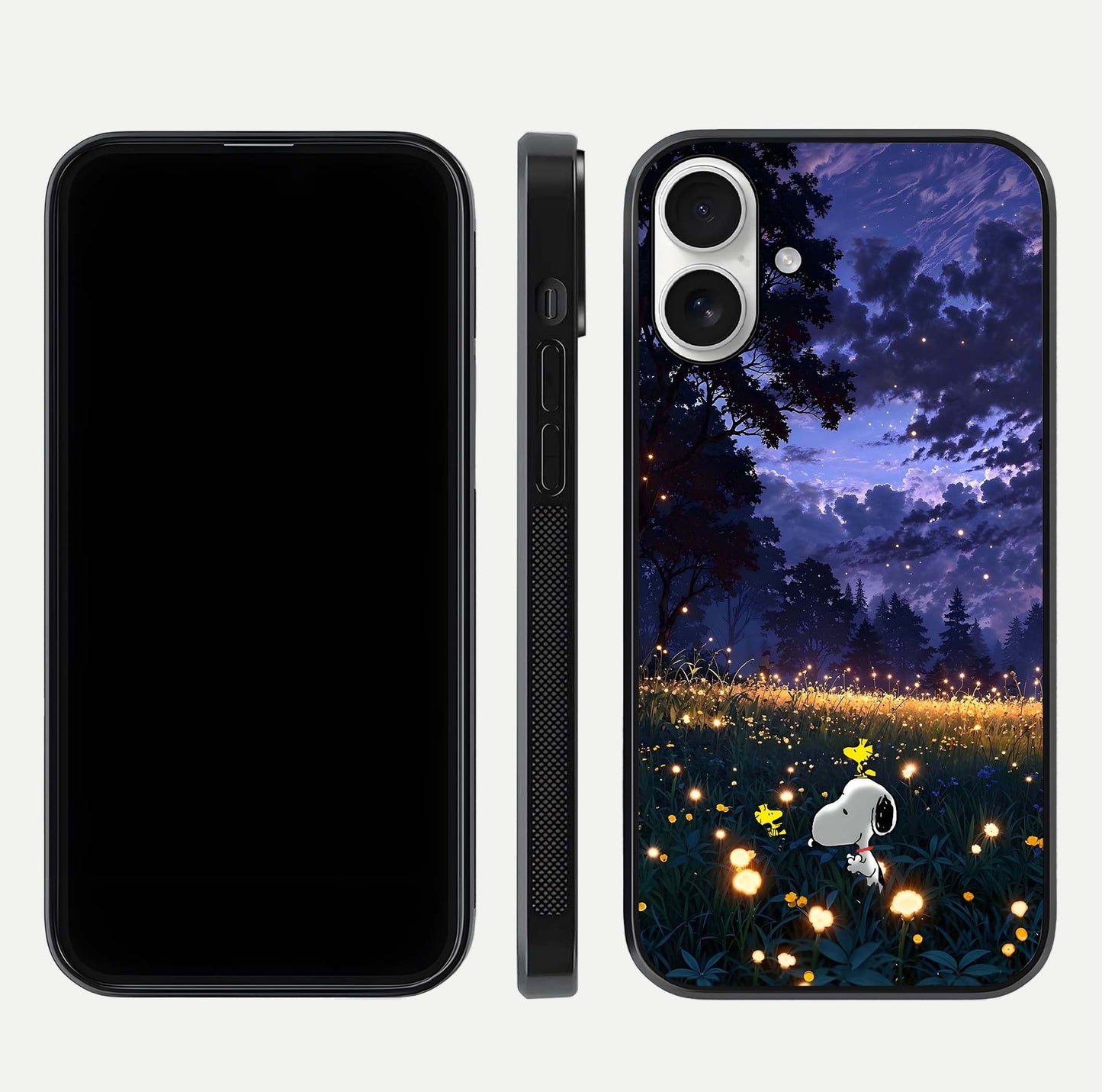 Firefly Meadow Magic Glass Case for iPhone 17 dual-view layout displaying enchanting tones and curved edges