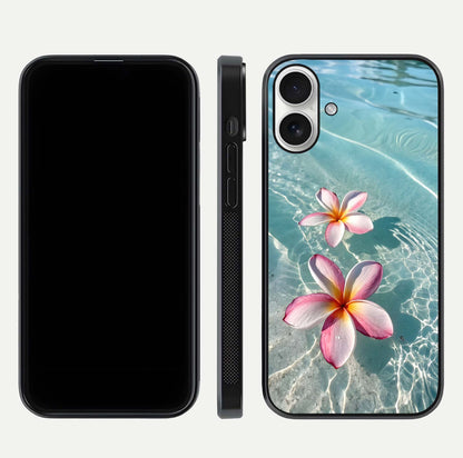Floating Bloom Bliss Glass Case for iPhone 17 dual-view layout displaying soft pastel flowers and curved glass