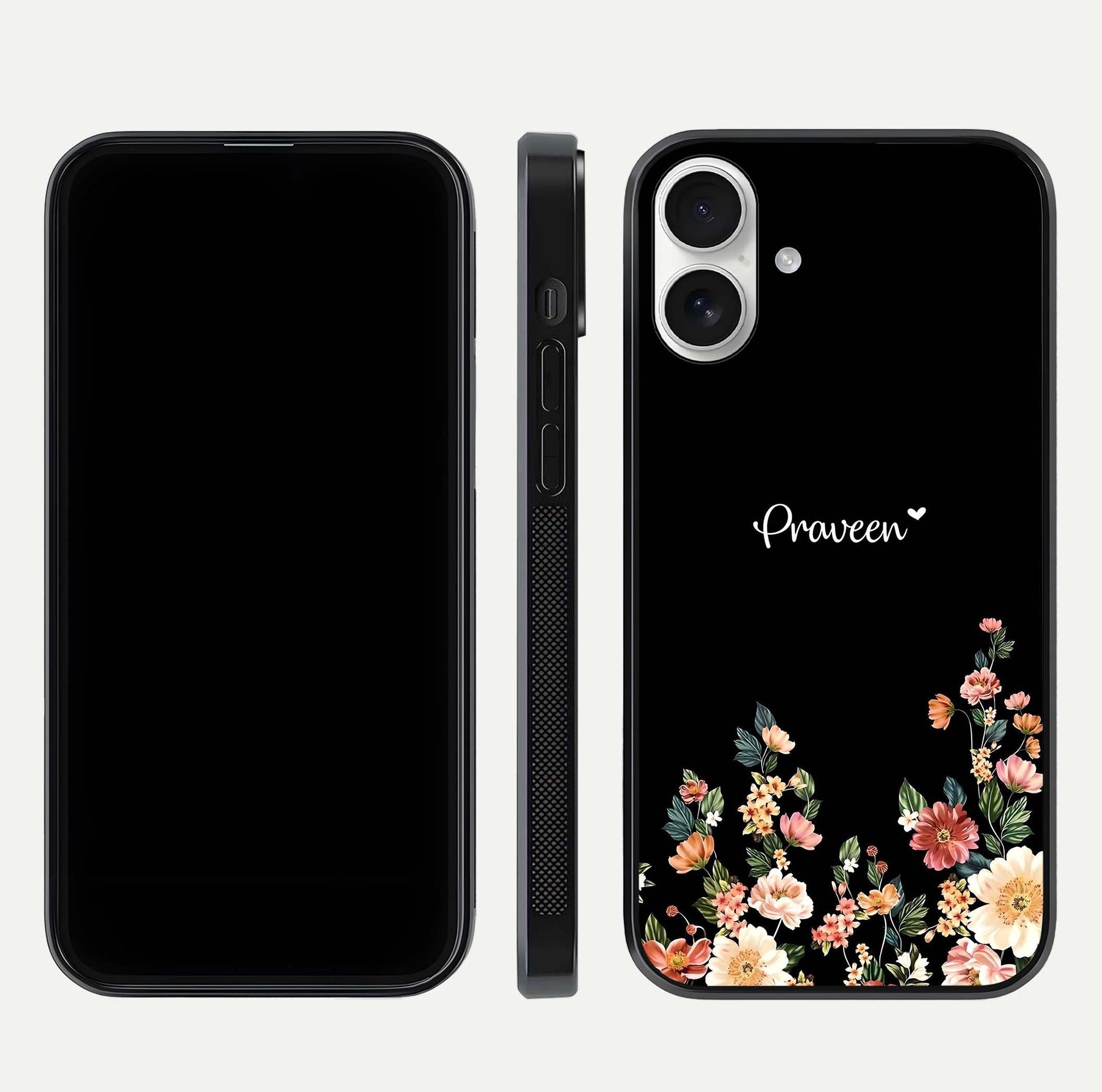 Floral Design Personalized Custom Name Glass Case for iPhone 17 dual-view layout displaying artistic tones and curved finish
