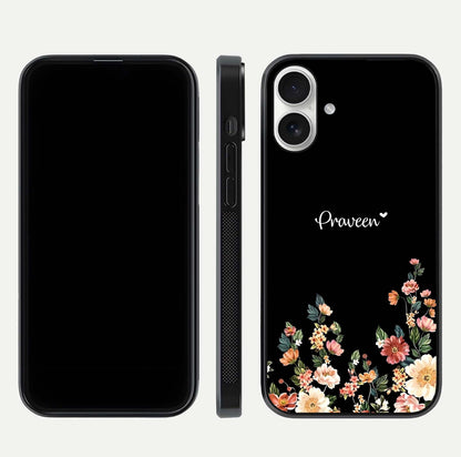 Floral Design Personalized Custom Name Glass Case for iPhone 17 dual-view layout displaying artistic tones and curved finish