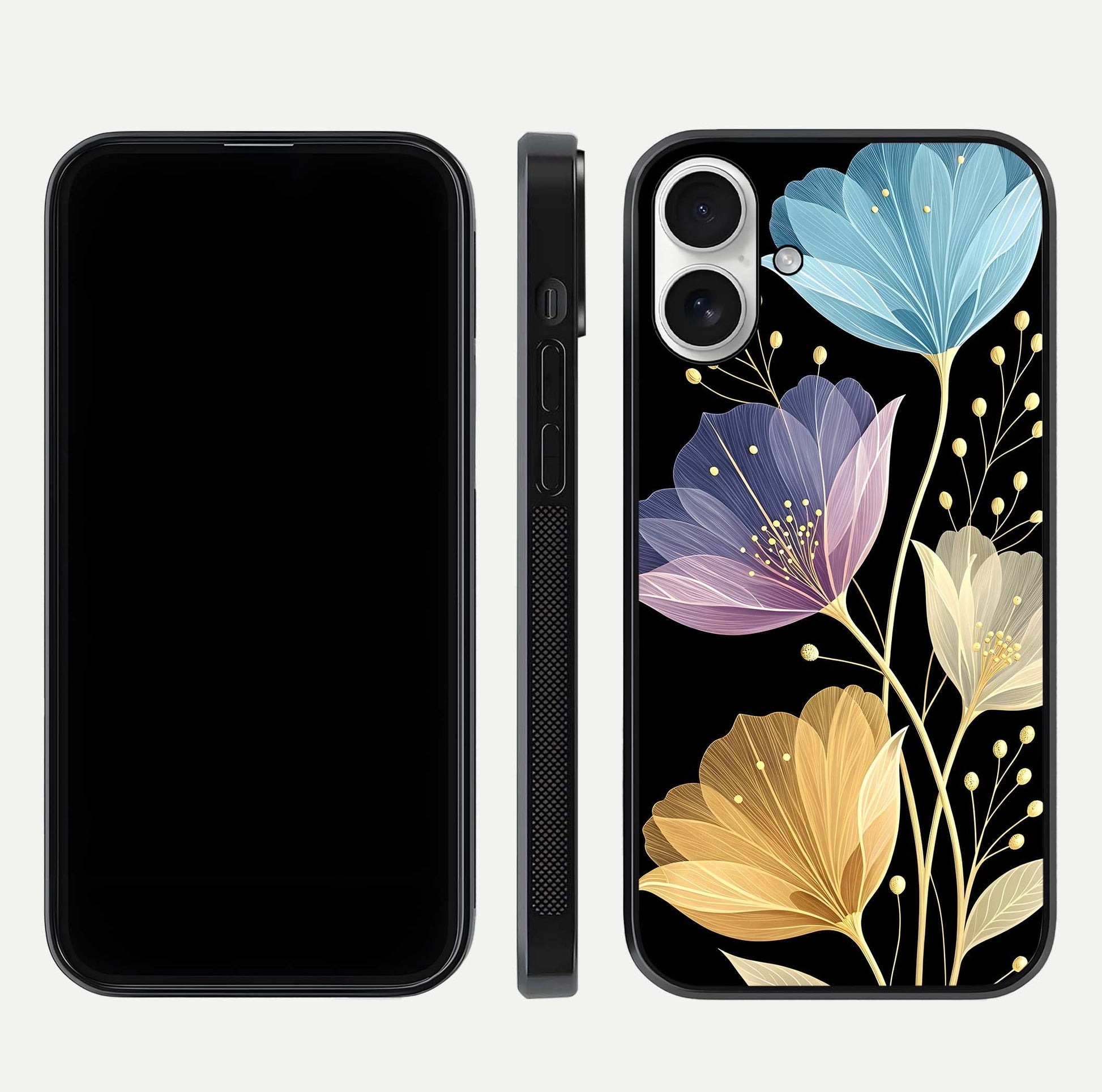 Flower Bloom Glow Glass Case for iPhone 17 dual-view layout displaying petal tones and curved glass edge