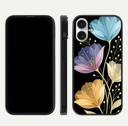 Flower Bloom Glow Glass Case for iPhone 17 dual-view layout displaying petal tones and curved glass edge