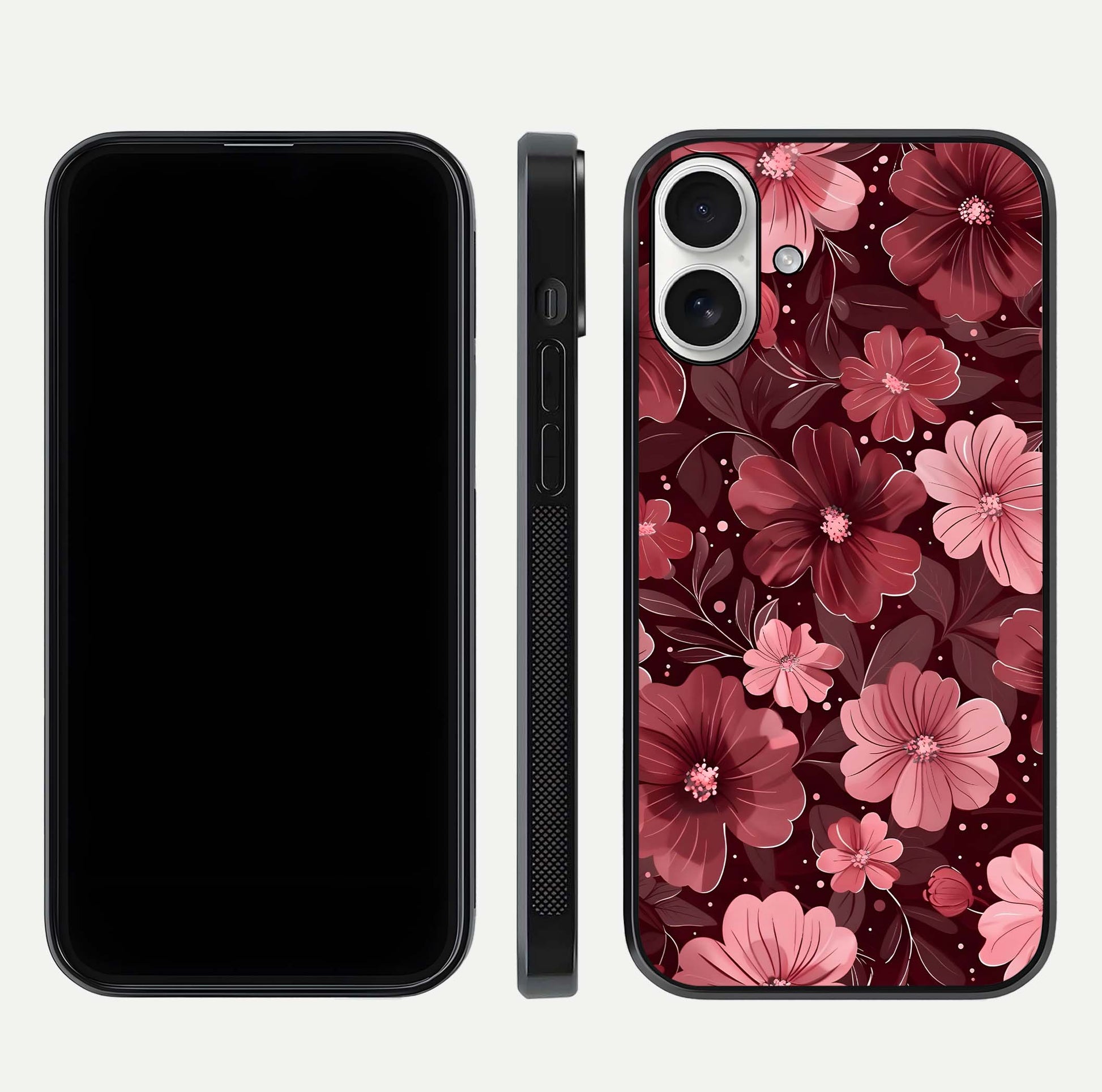 Flower Blush Bloom Glass Case for iPhone 17 dual-view layout displaying HD print and smooth curves