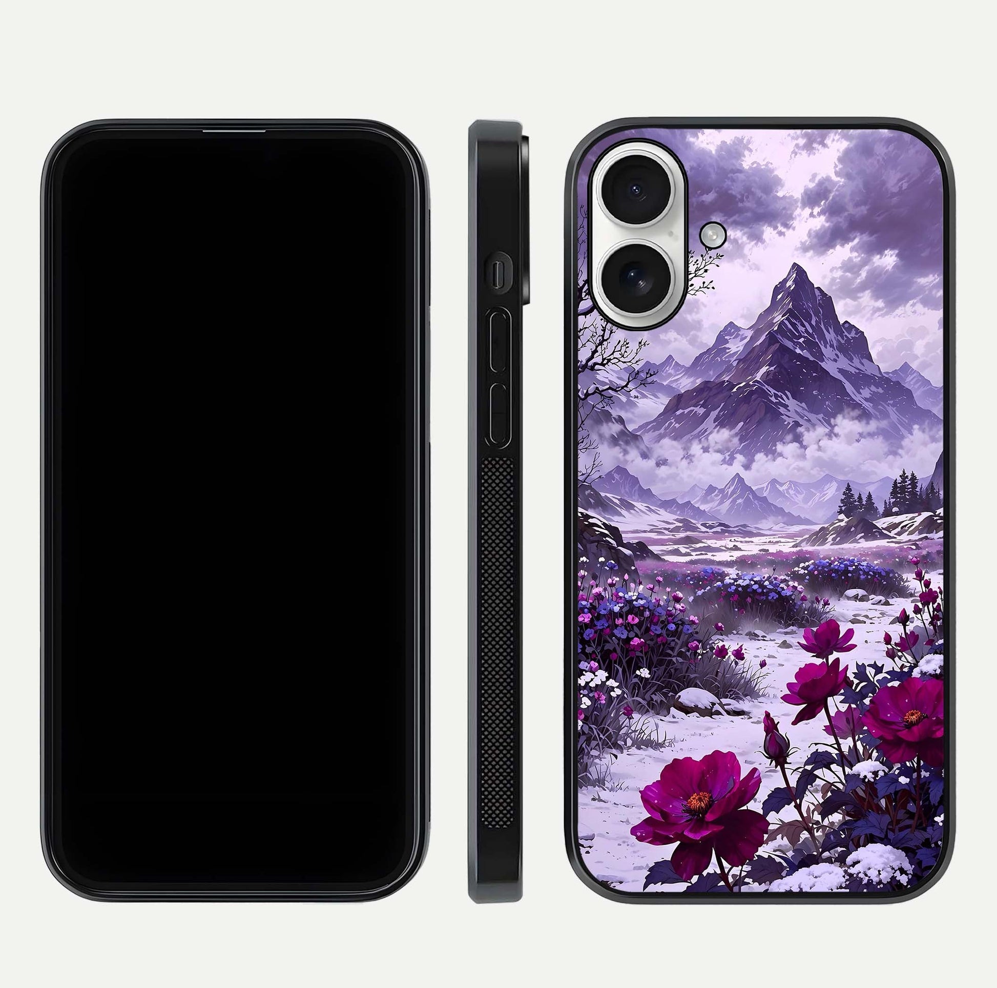 Flower Mountain View Glass Case for iPhone 17 dual-view layout displaying scenic tones and curved glass finish