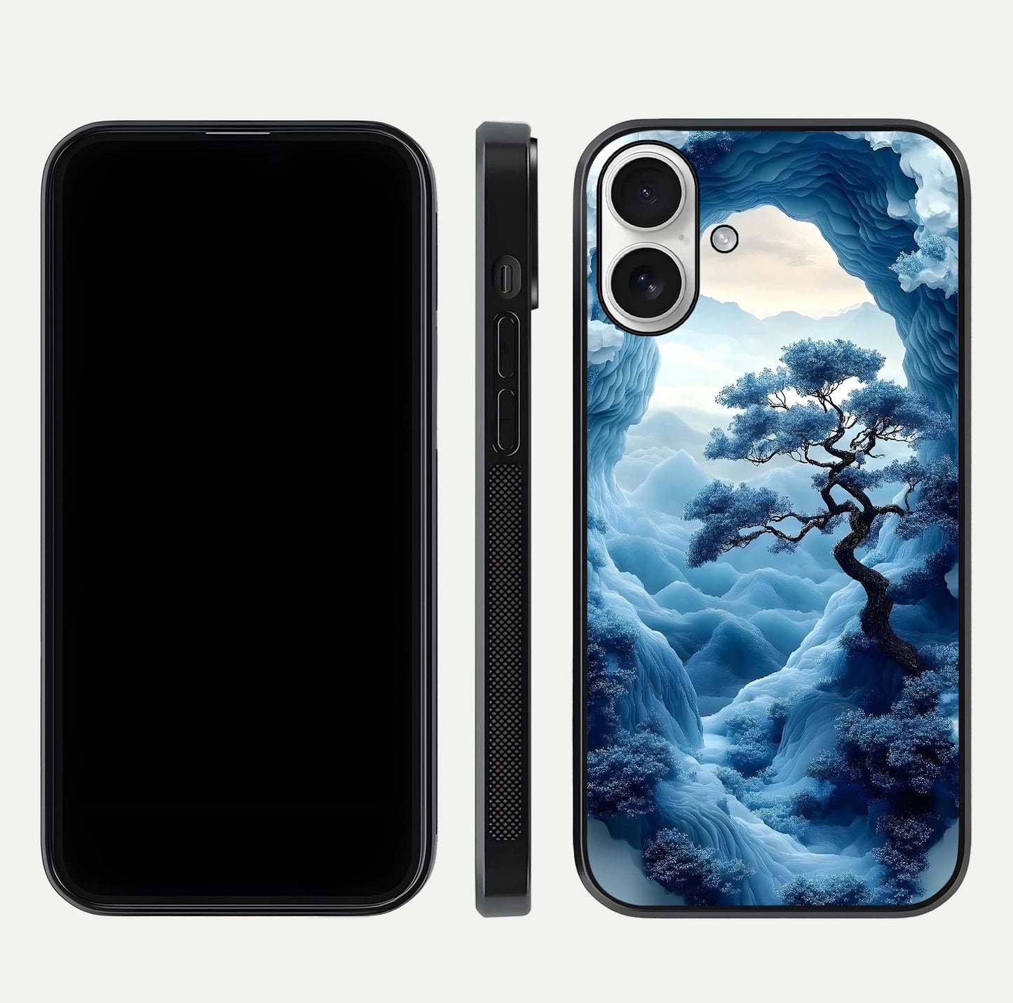 Frozen Serenity Gate Glass Case for iPhone 17 dual-view layout displaying winter theme and smooth curves