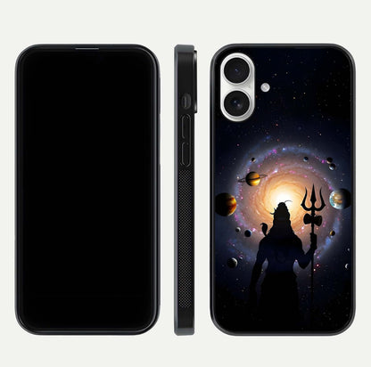 Galactic Shiva Vision Glass Case for iPhone 17 front and back view layout showing celestial background and polished curved glass