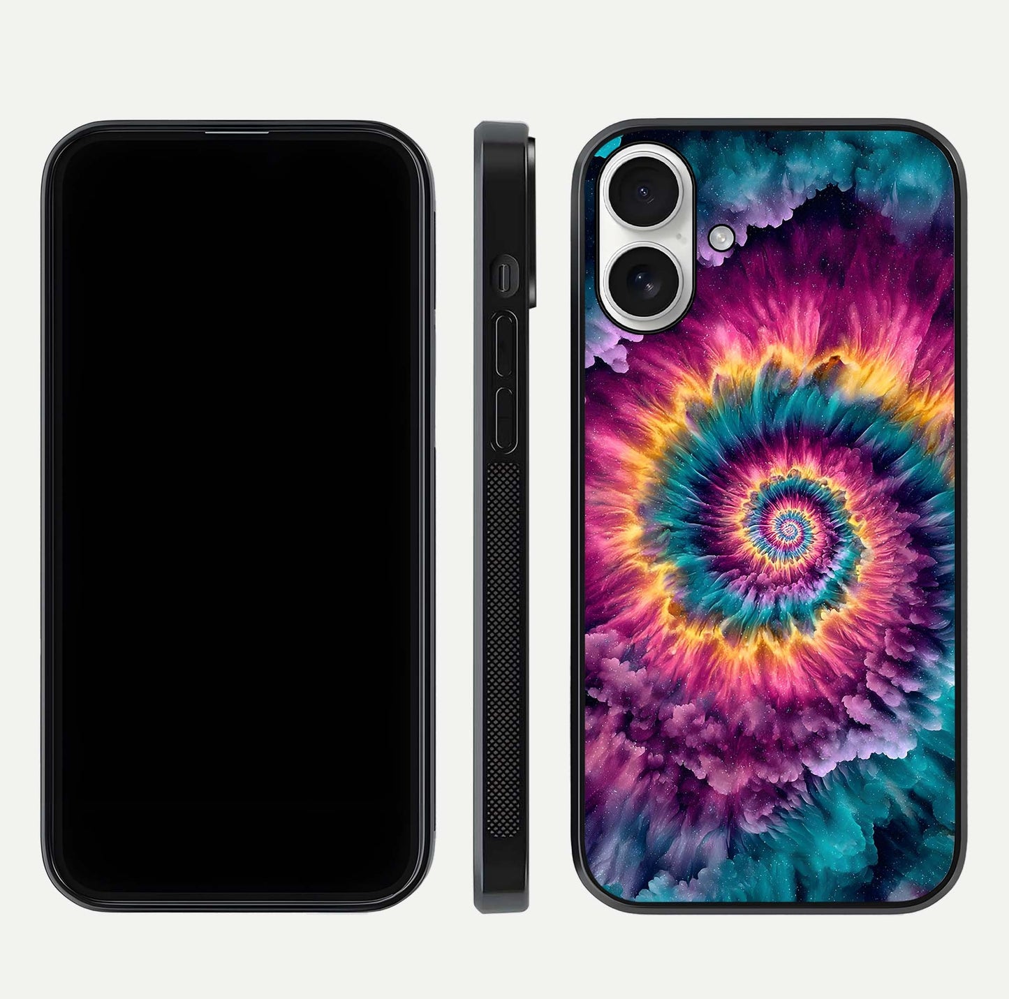 Galactic Spiral Burst Glass Case for iPhone 17 front and back view layout highlighting cosmic swirl and curved edges