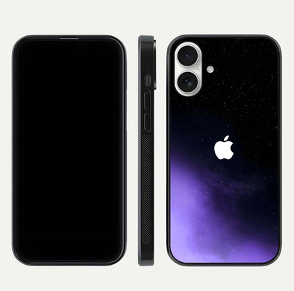 Galaxy Apple Aura Glass Case for iPhone 17 front and back view layout displaying cosmic tones and premium curved glass edges