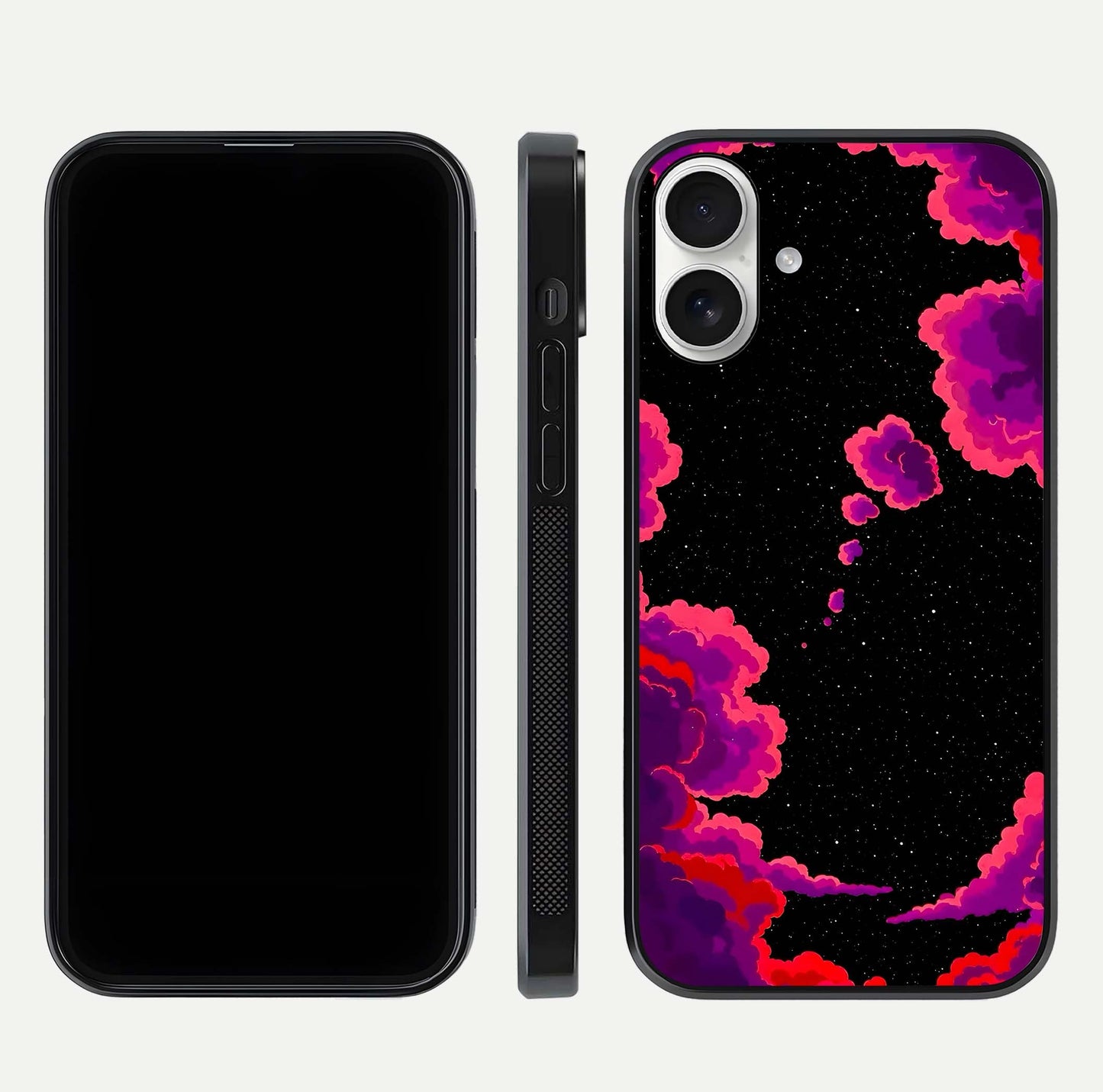 Galaxy Dream Frame Glass Case for iPhone 17 front and back view layout highlighting cosmic design and smooth glass curvature