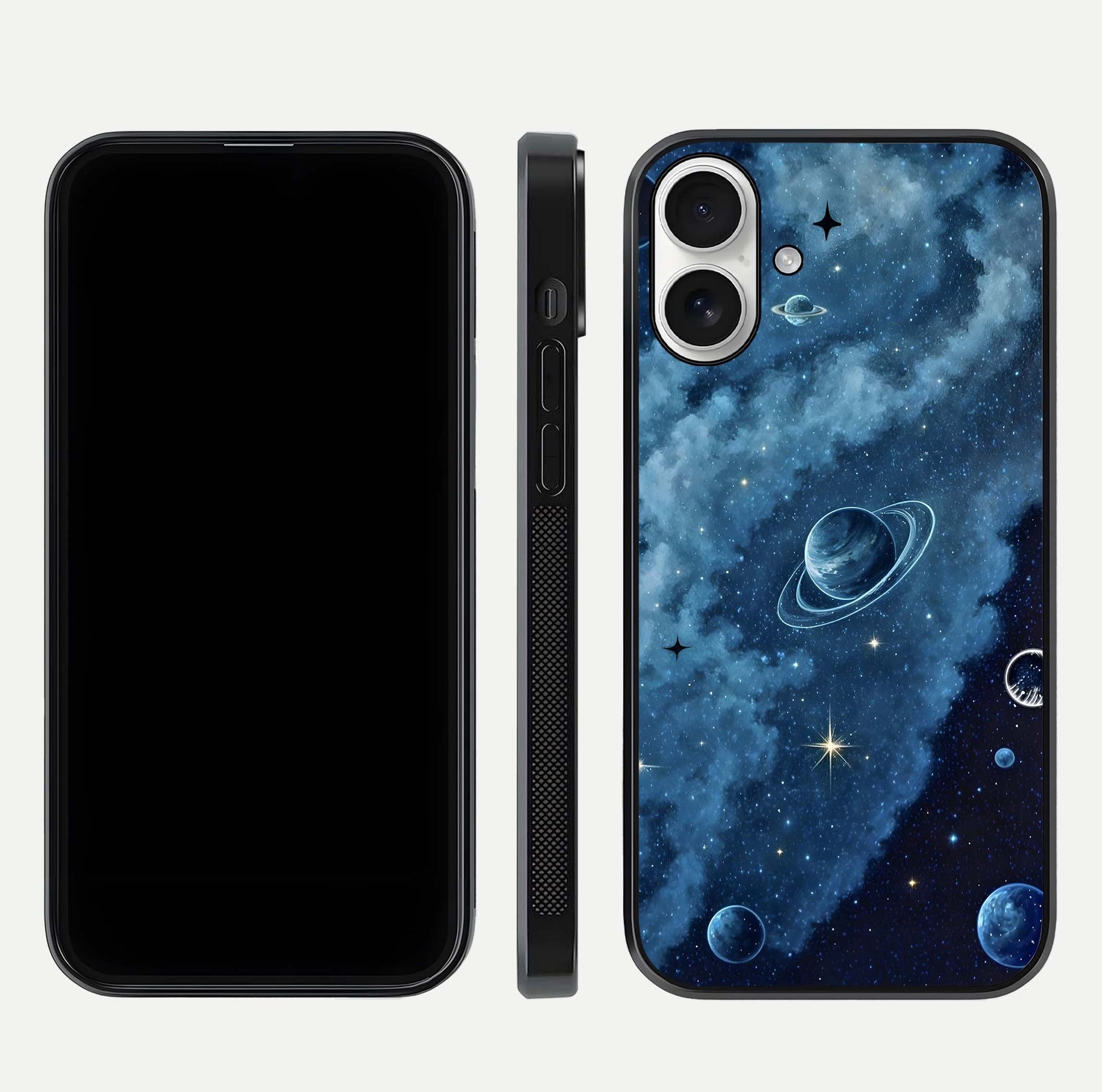 Galaxy Dream Space Glass Case for iPhone 17 front and back view layout showing deep-space tones and curved edges