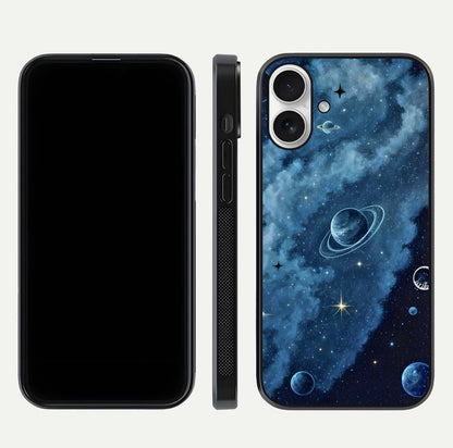 Galaxy Dream Space Glass Case for iPhone 17 front and back view layout showing deep-space tones and curved edges