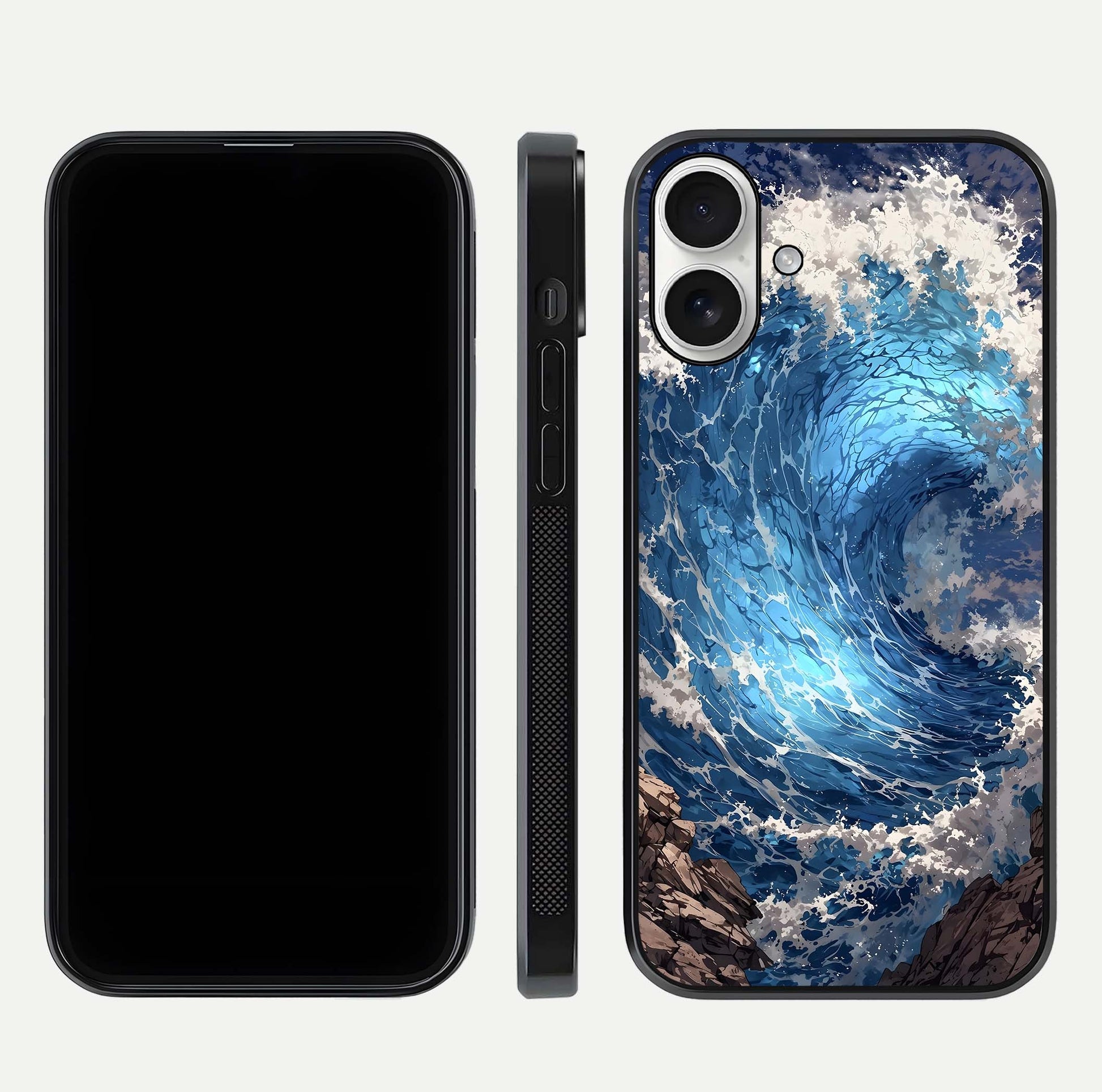 Giant Ocean Wave Glass Case for iPhone 17 front and back view layout displaying sea tones and smooth curved edges