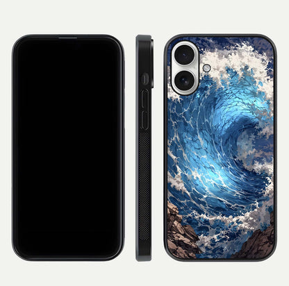 Giant Ocean Wave Glass Case for iPhone 17 front and back view layout displaying sea tones and smooth curved edges