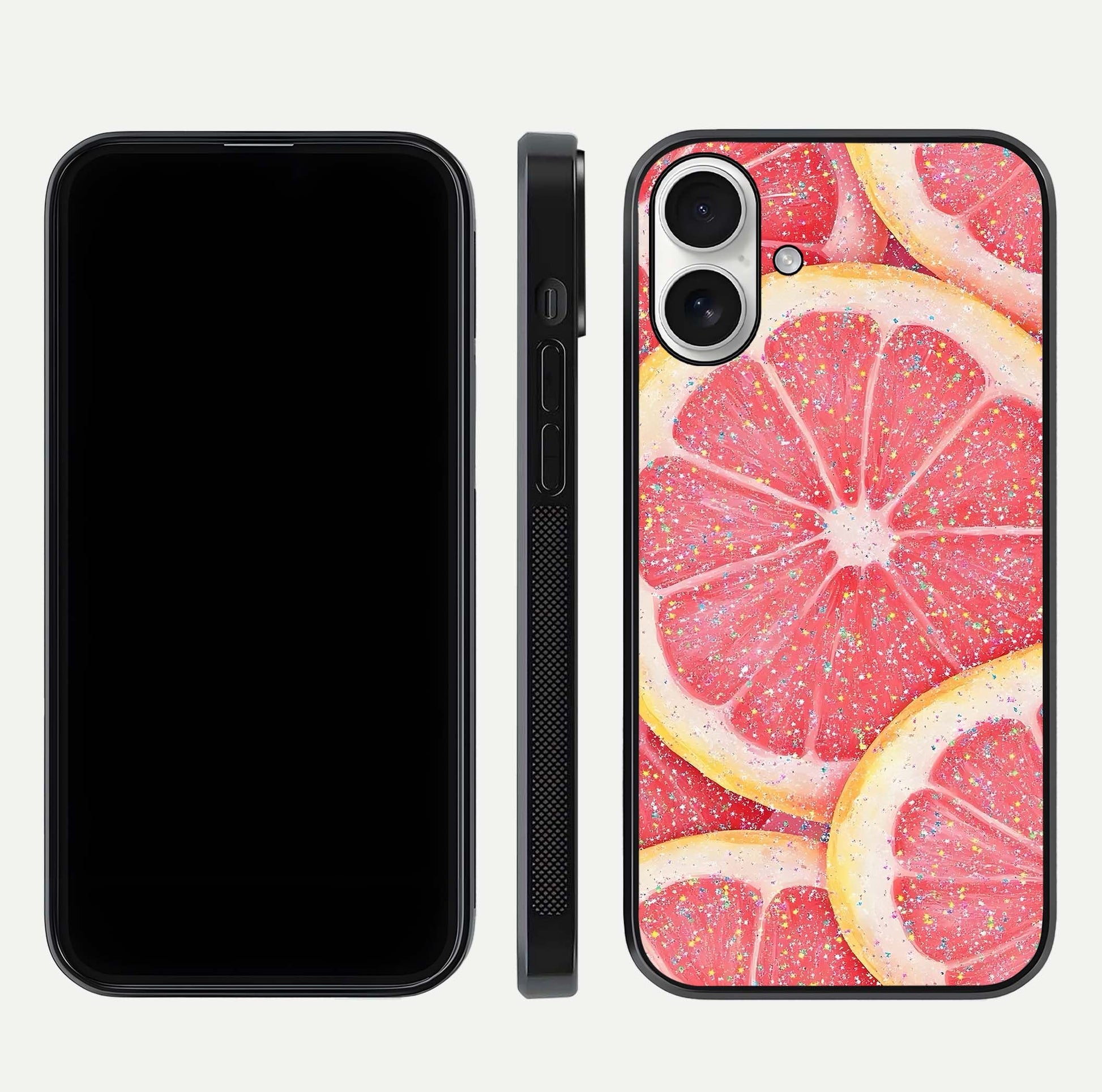 Glitter Grapefruit Glass Case for iPhone 17 front and back view layout highlighting citrus hues and smooth glass