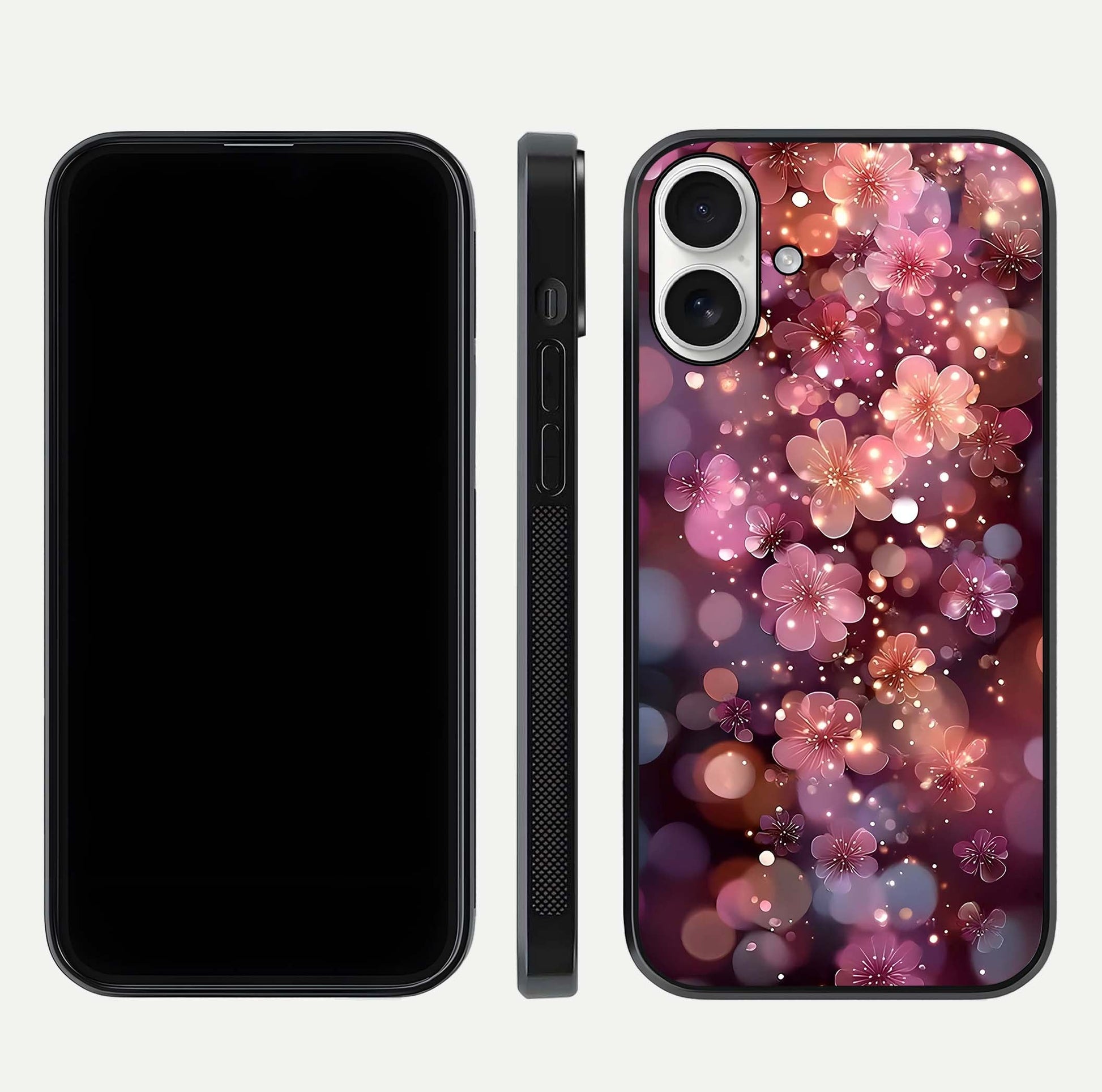 Glowing Petal Bliss Glass Case for iPhone 17 front and back view layout displaying artistic floral design and curved glass