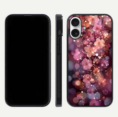 Glowing Petal Bliss Glass Case for iPhone 17 front and back view layout displaying artistic floral design and curved glass