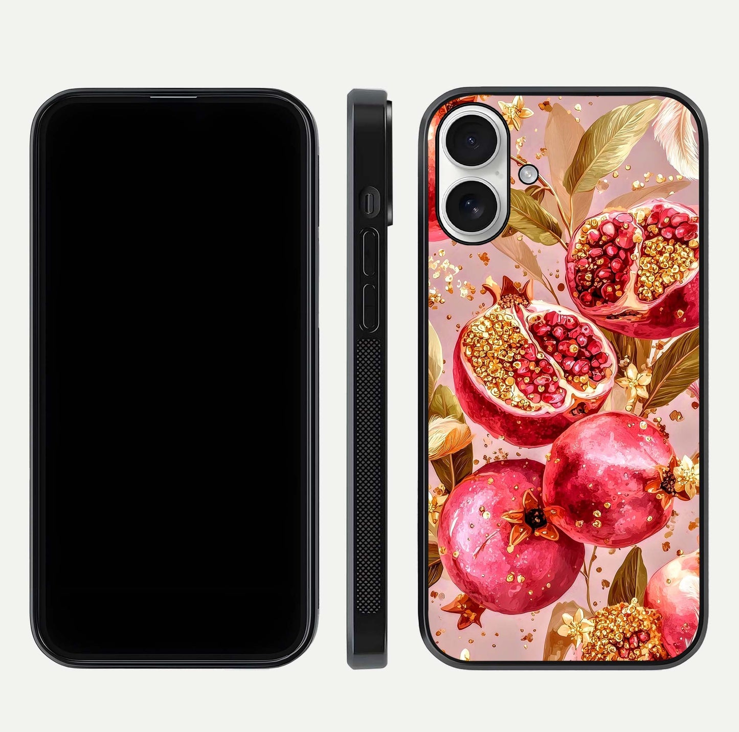 Golden Bloom Glow Glass Case for iPhone 17 front and back view layout highlighting luxury floral pattern and curved edges