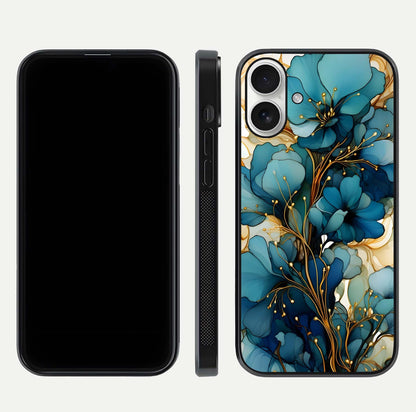 Golden Bloom Symphony Glass Case for iPhone 17 front and back view layout highlighting rich floral tones and curved glass edges