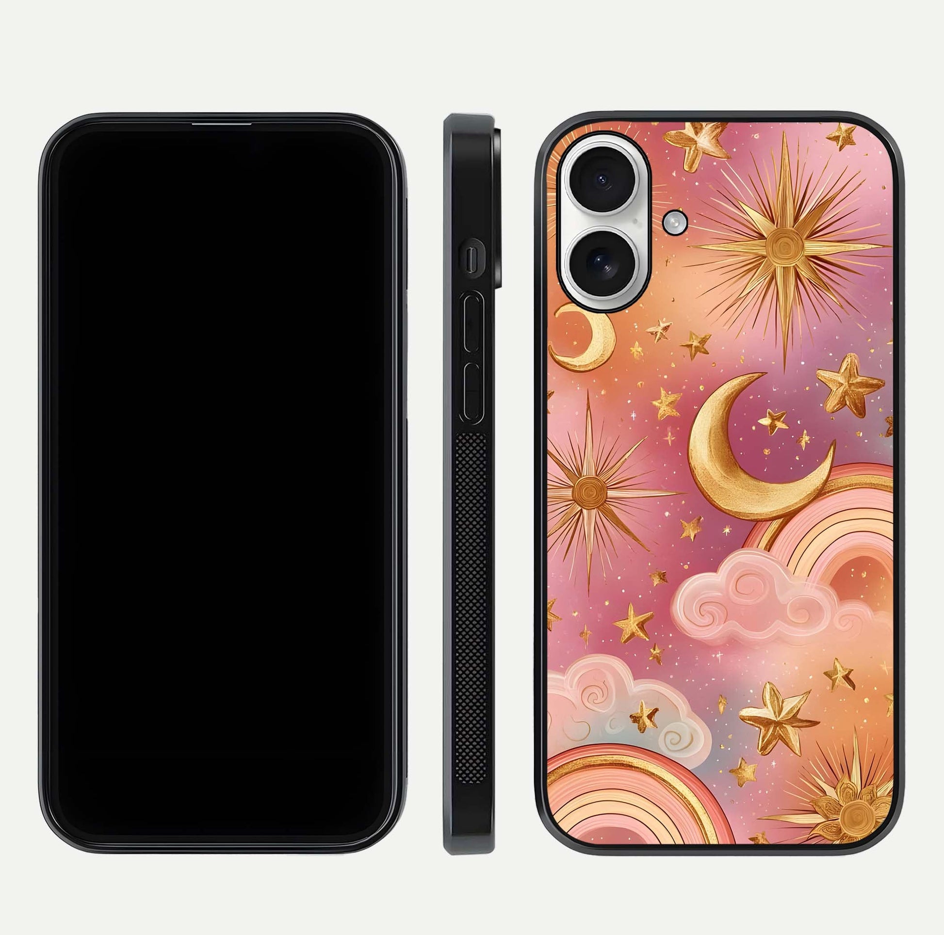 Golden Celestial Dreams Glass Case for iPhone 17 front and back view layout highlighting celestial motifs and smooth curved edge