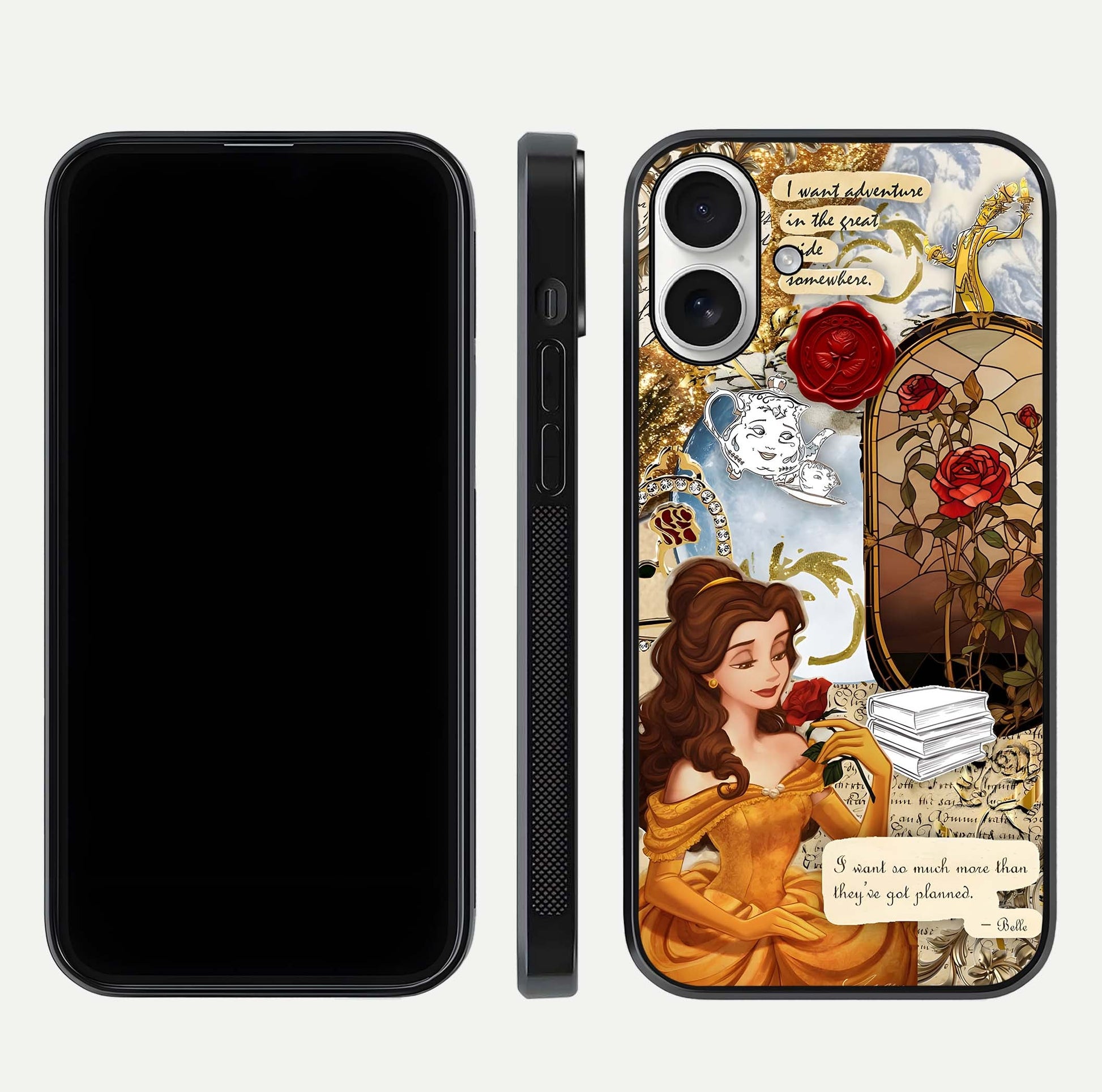 Golden Dream Belle Glass Case for iPhone 17 front and back view layout displaying dreamy golden theme and smooth curvature