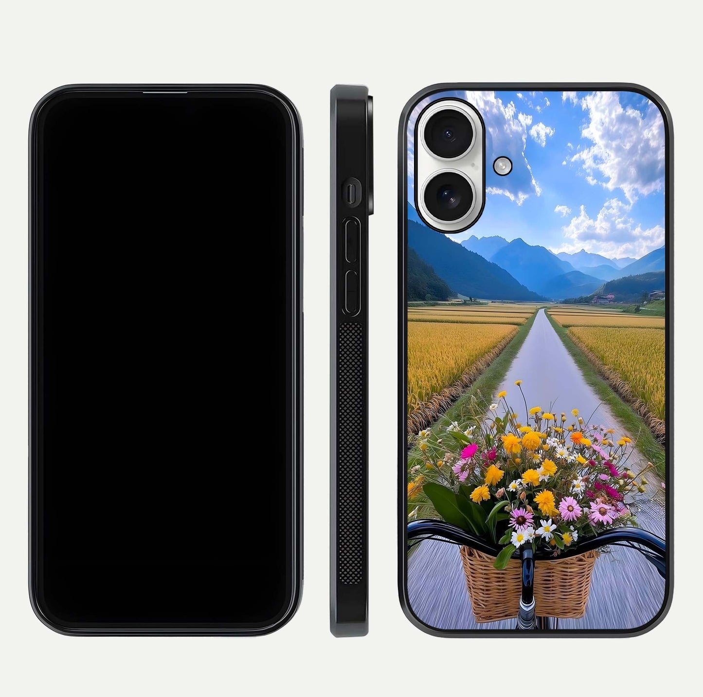 Golden Field Journey Glass Case for iPhone 17 front and back view layout highlighting natural gradient and smooth glass finish