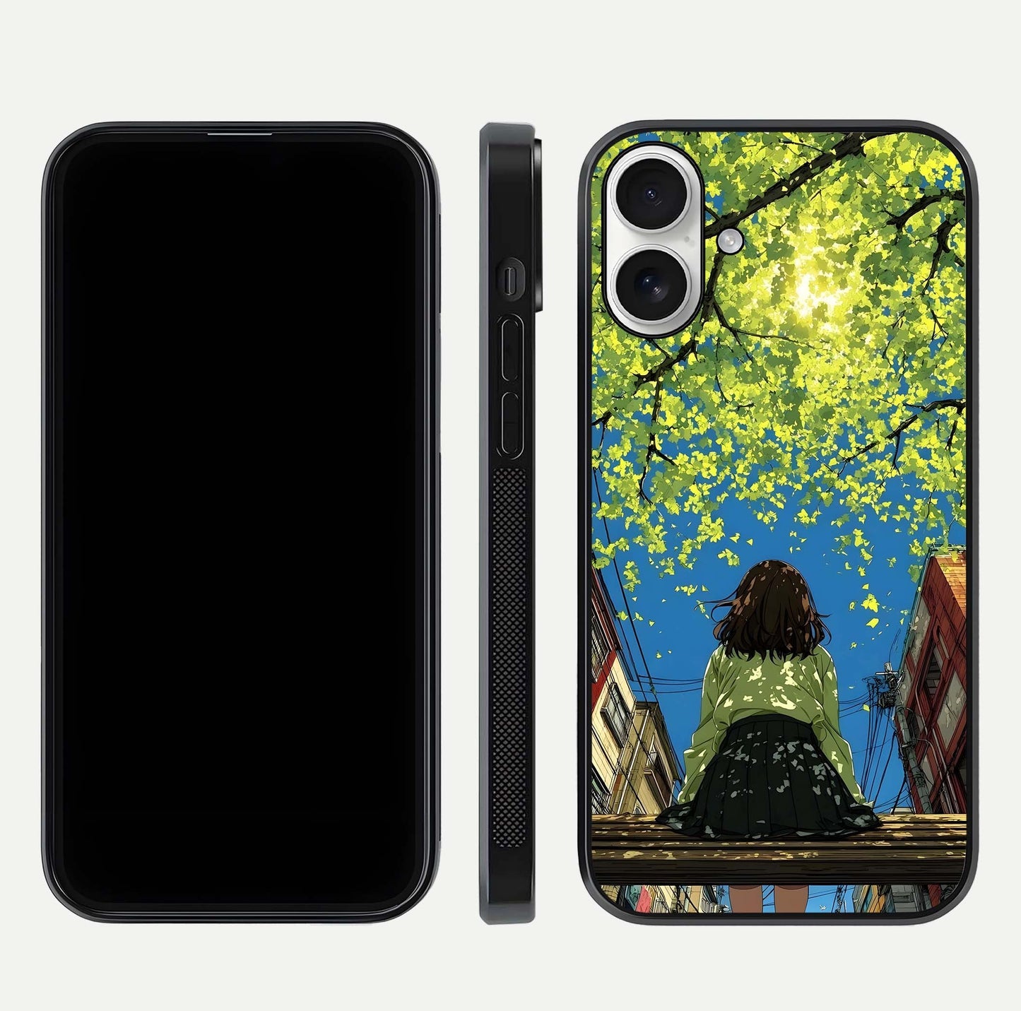Golden Leaves Glow Glass Case for iPhone 17 front and back view layout highlighting glowing tones and curved edges
