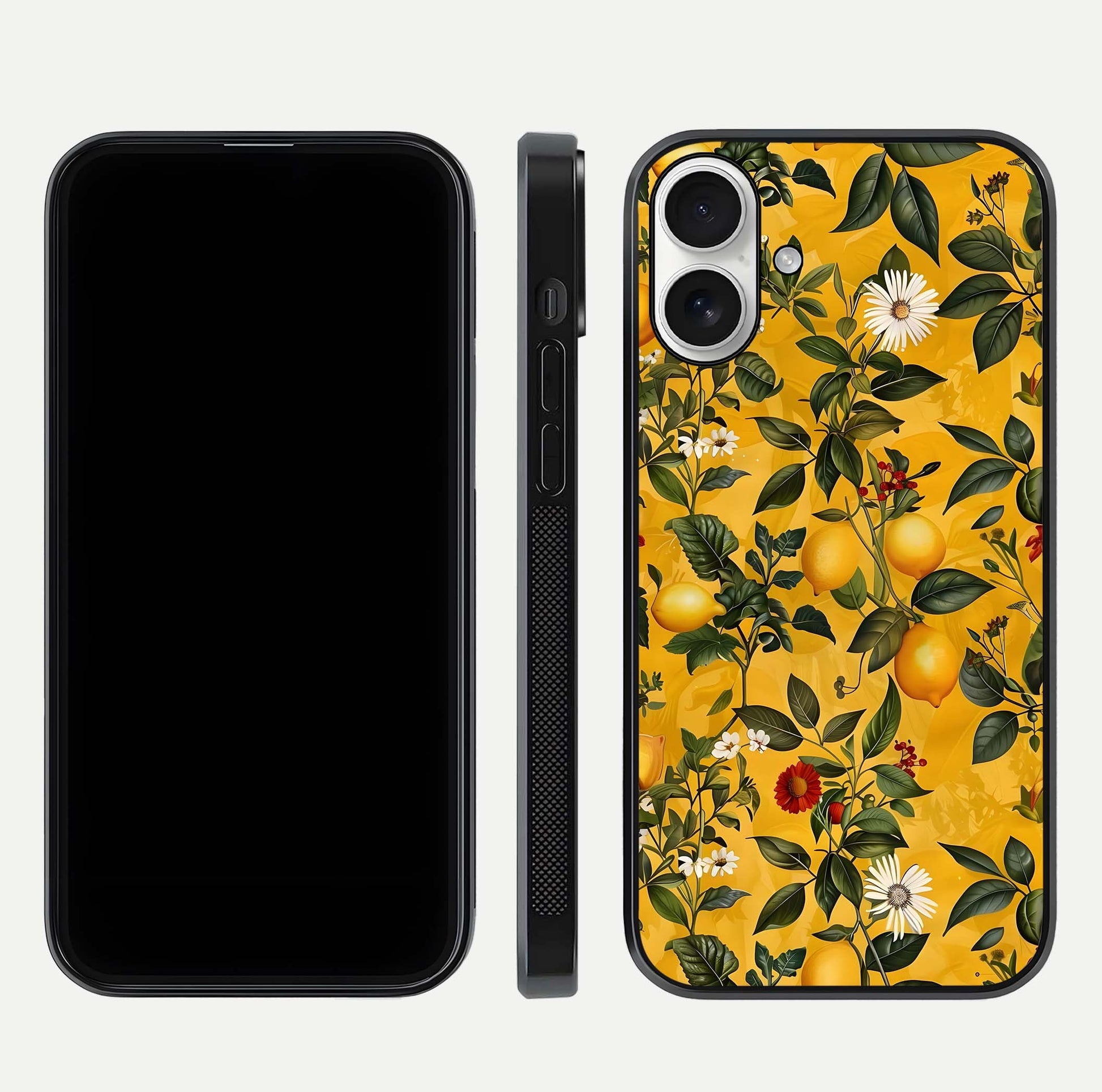 Golden Lemon Field Glass Case for iPhone 17 front and back view layout highlighting fruity tones and curved glass edges