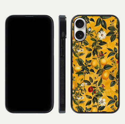 Golden Lemon Field Glass Case for iPhone 17 front and back view layout highlighting fruity tones and curved glass edges