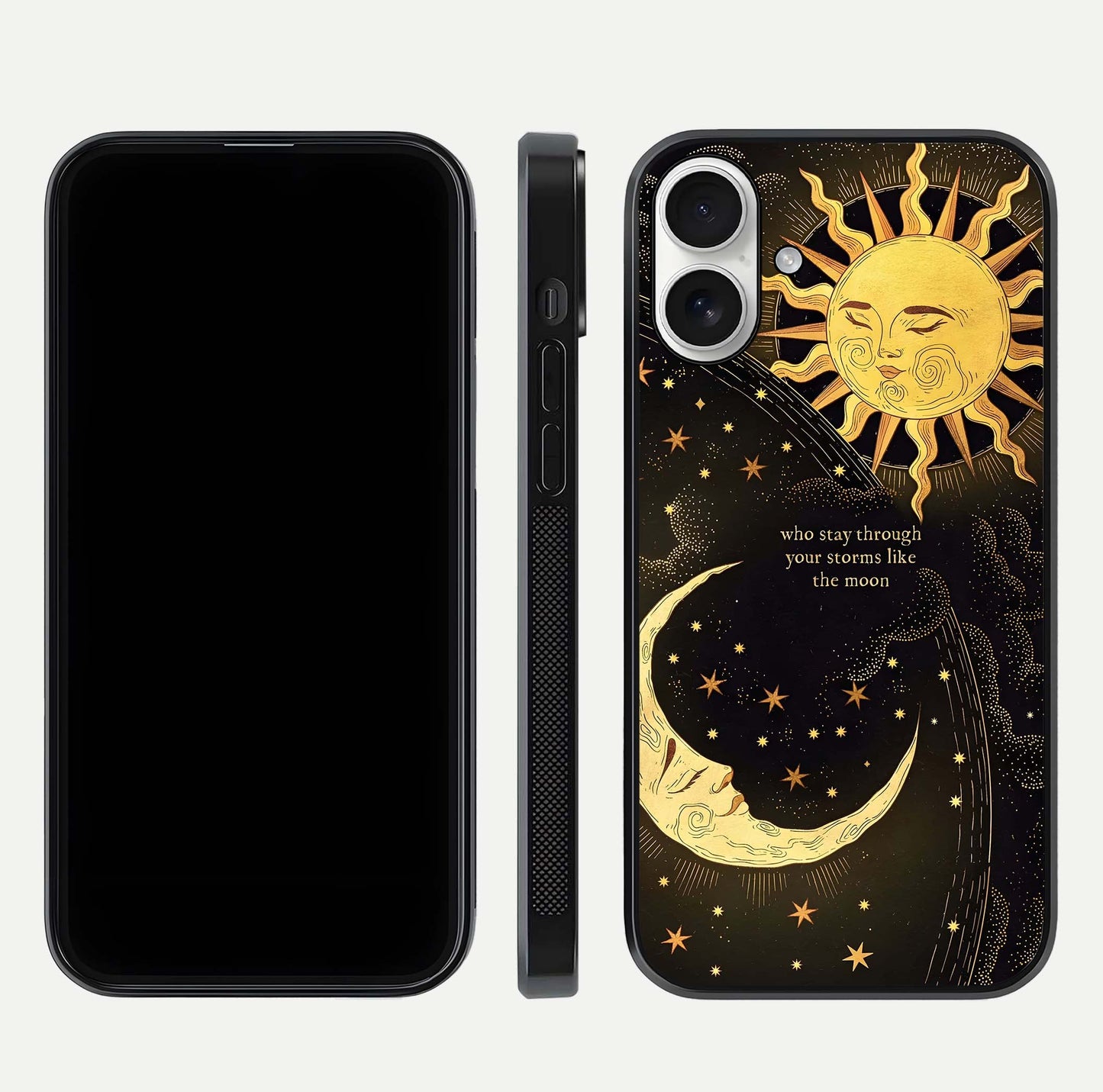 Golden Lunar Love Glass Case for iPhone 17 front and back view layout highlighting celestial tones and curved edges