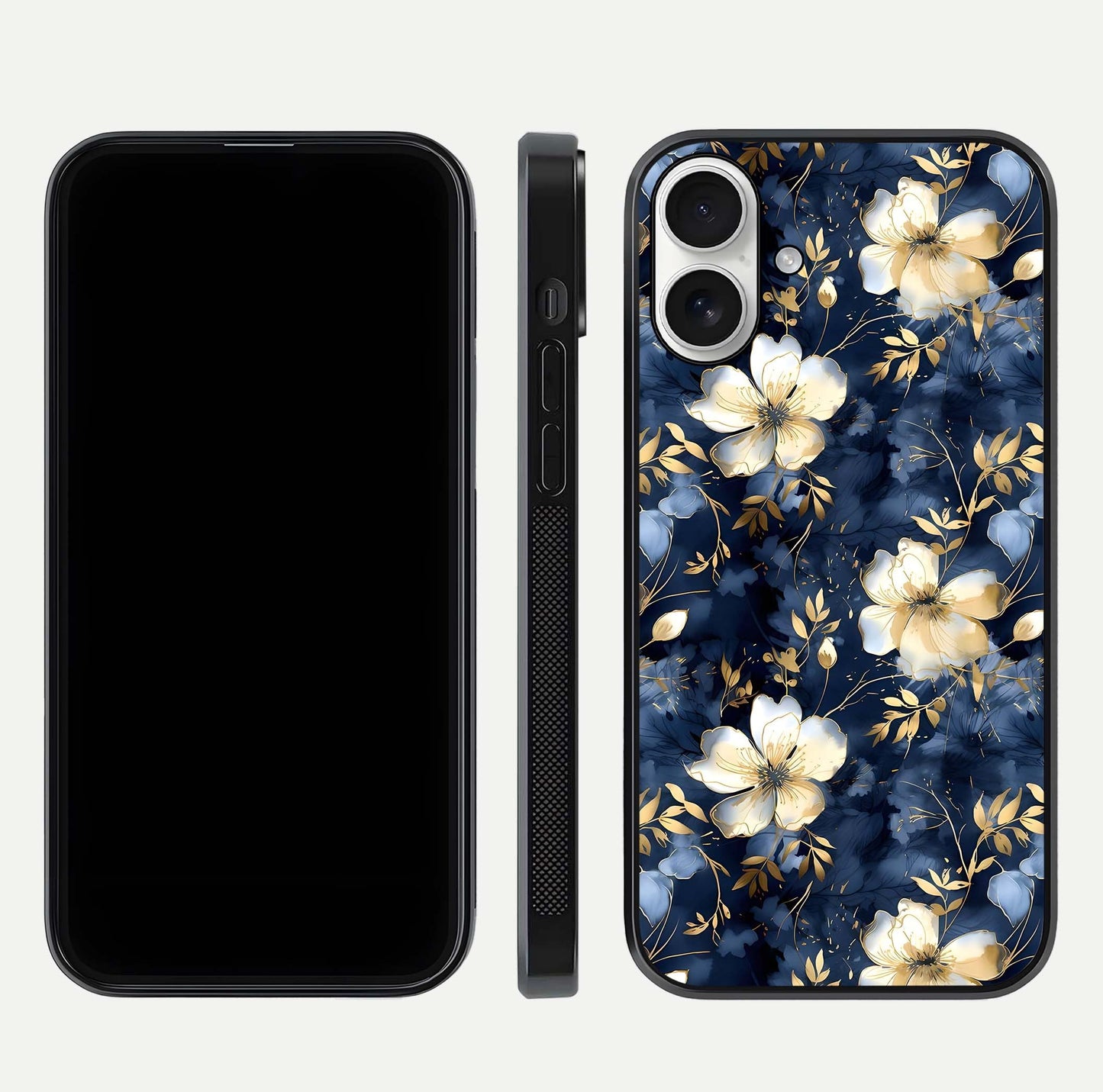 Golden Midnight Bloom Glass Case for iPhone 17 front and back view layout highlighting dark-gold tones and smooth curves