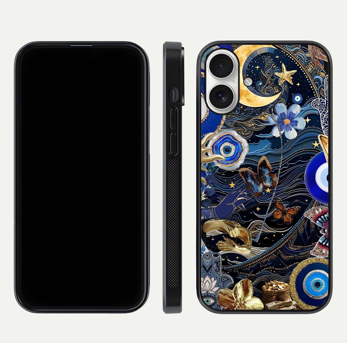Golden Moon Magic Glass Case for iPhone 17 front and back view layout highlighting celestial tones and curved glass