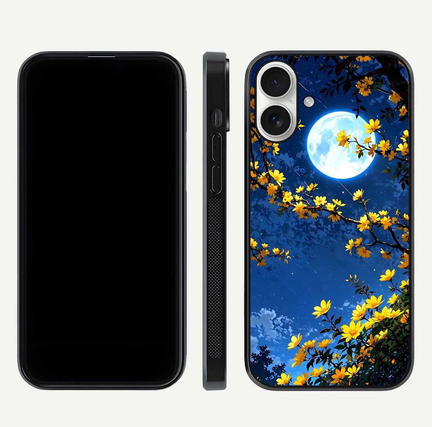 Golden Night Glow Glass Case for iPhone 17 front and back view layout displaying metallic glow and curved glass edge