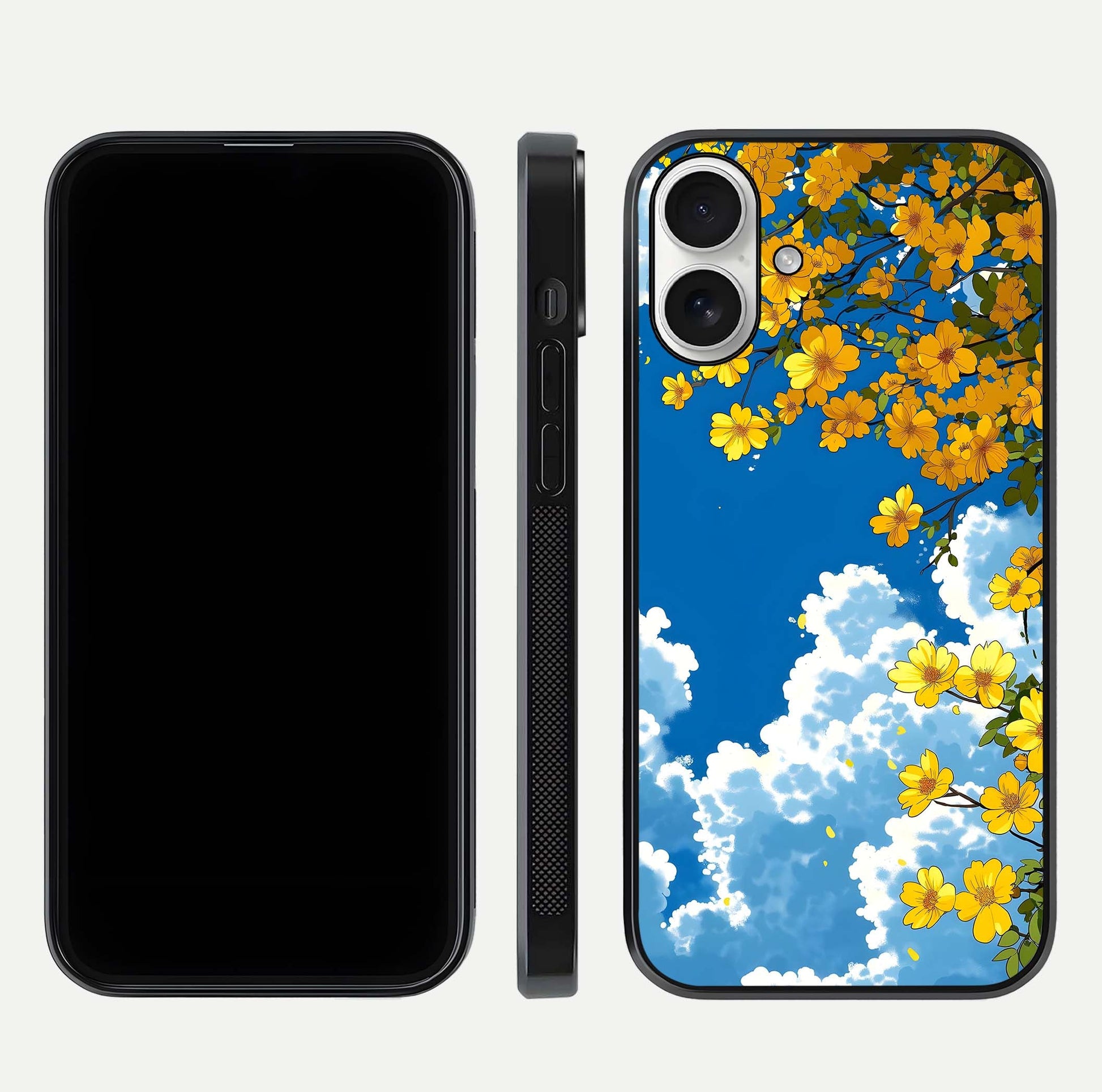 Golden Petal Sky Glass Case for iPhone 17 front and back view layout highlighting floral pattern and curved glass edges