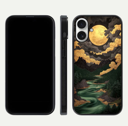 Golden River Moon Glass Case for iPhone 17 front and back view layout displaying celestial glow and smooth curves