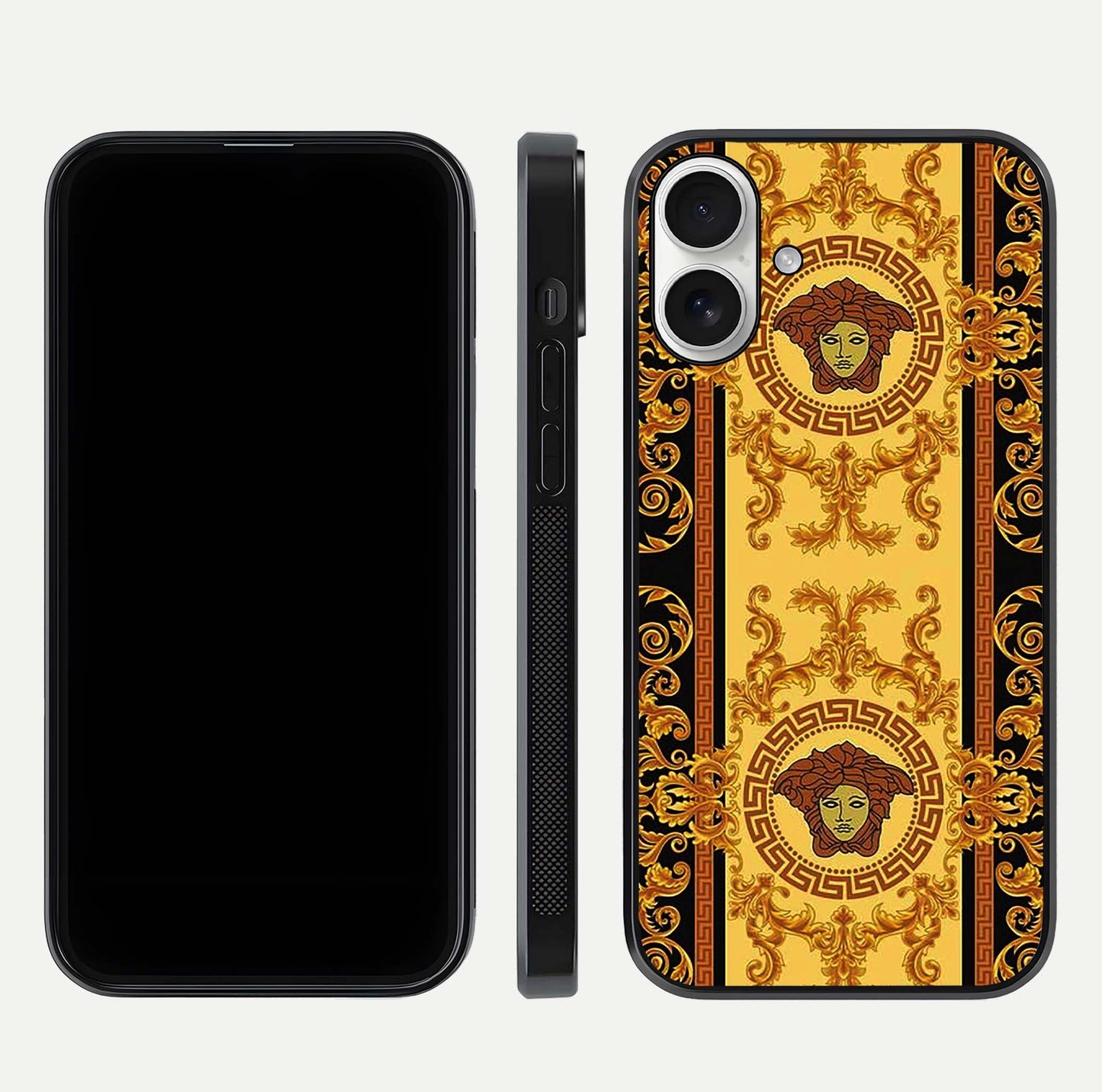 Golden Royal Heritage Glass Case for iPhone 17 front and back view layout displaying ornate gold texture and curved edges
