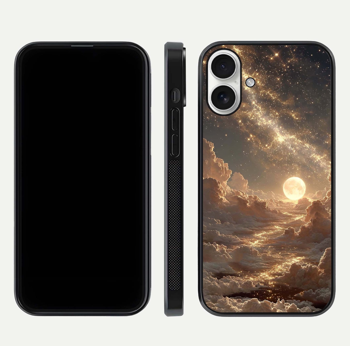 Golden Sky Dream Glass Case for iPhone 17 front and back view layout highlighting celestial gold hues and curved glass