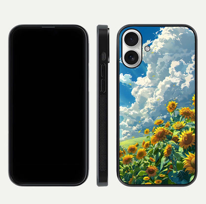 Golden Sun Glory Glass Case for iPhone 17 front and back view layout displaying bright golden tones and curved edges