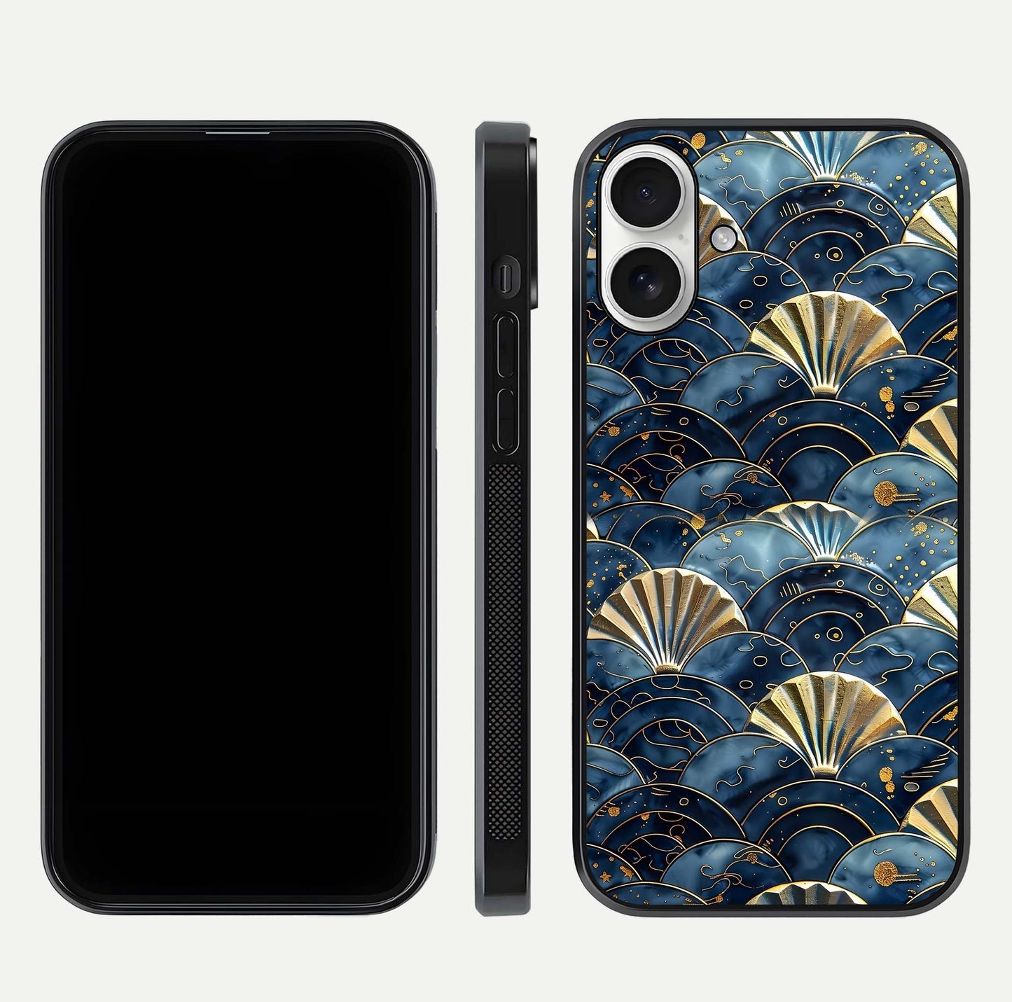 Golden Wave Luxe Glass Case for iPhone 17 front and back view layout highlighting fluid gold design and curved glass