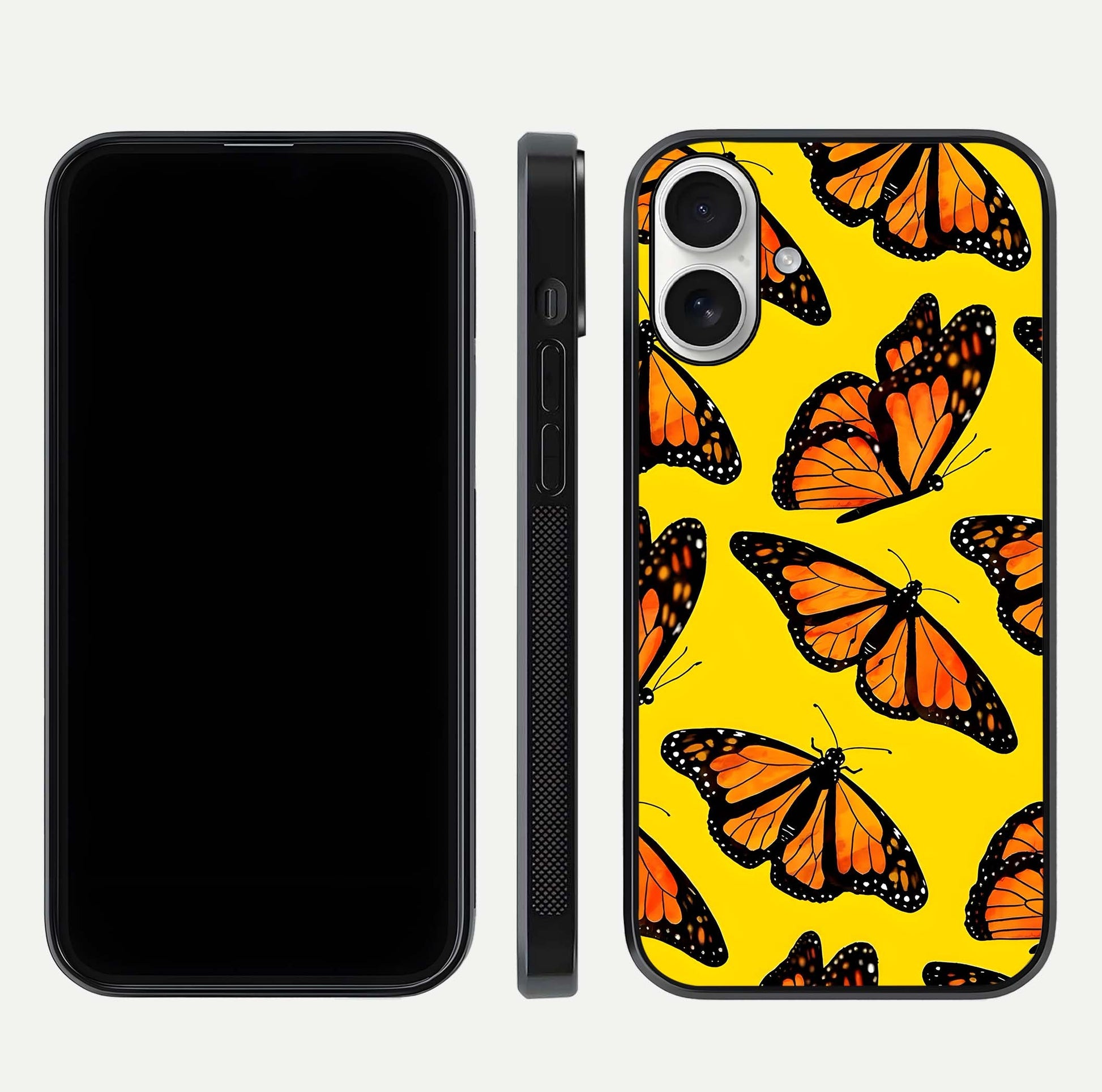 Golden Wing Flight Glass Case for iPhone 17 front and back view layout highlighting graceful lines and curved glass