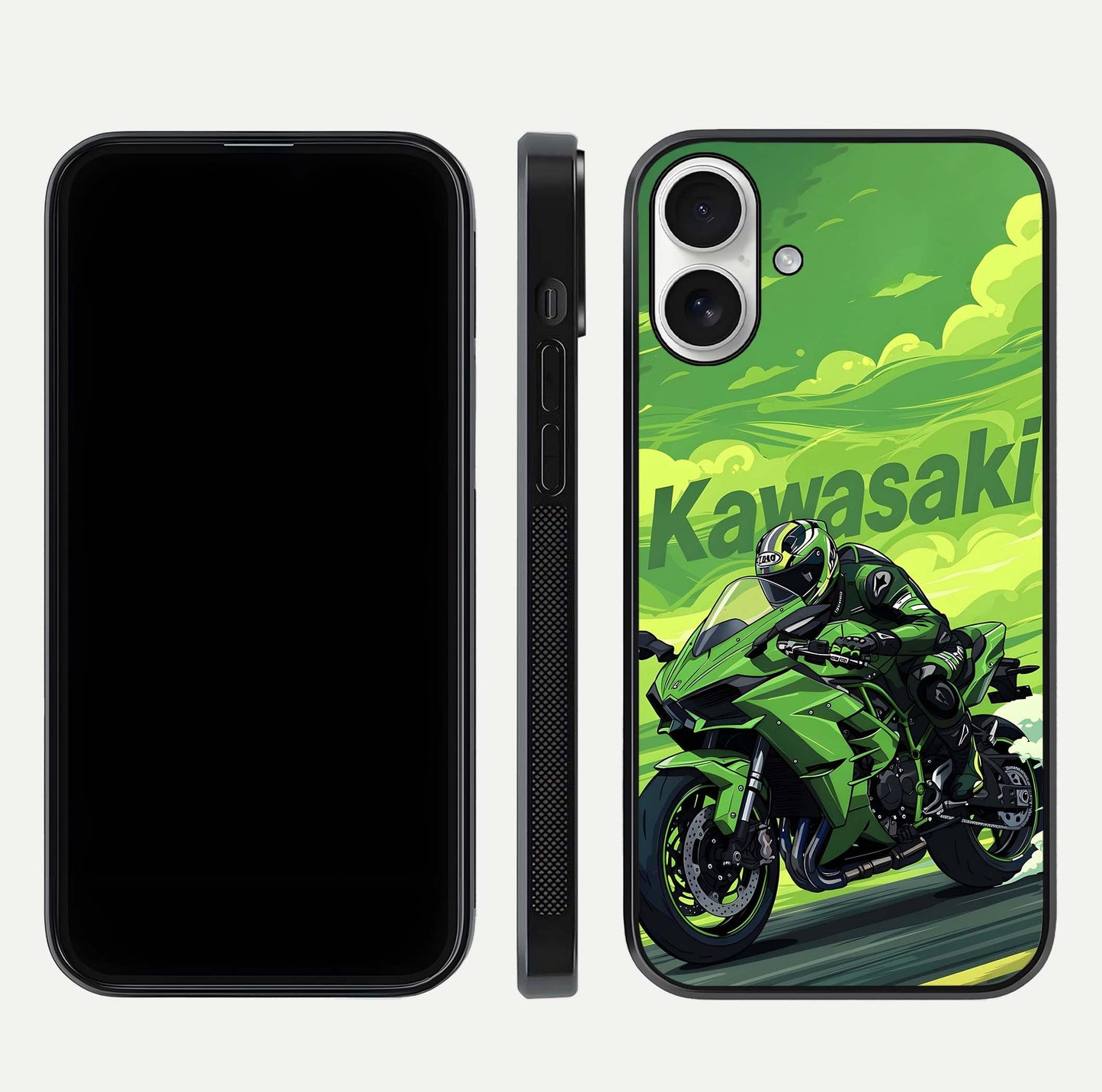 Green Kawasaki Glass Case for iPhone 17 front and back view layout highlighting vivid green tones and curved glass edges