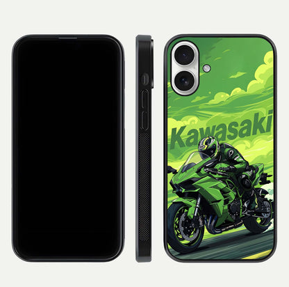 Green Kawasaki Glass Case for iPhone 17 front and back view layout highlighting vivid green tones and curved glass edges