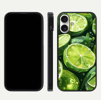 Green Lemon Glass Case for iPhone 17 front and back view layout displaying vibrant yellow-green hues and smooth edges