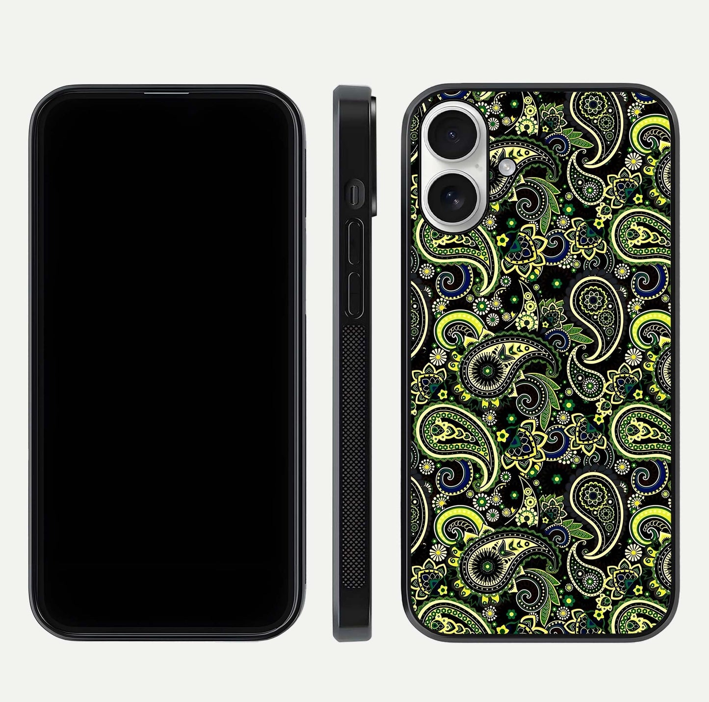 Green Mandala Pattern Glass Case for iPhone 17 front and back view layout highlighting geometric art and curved glass
