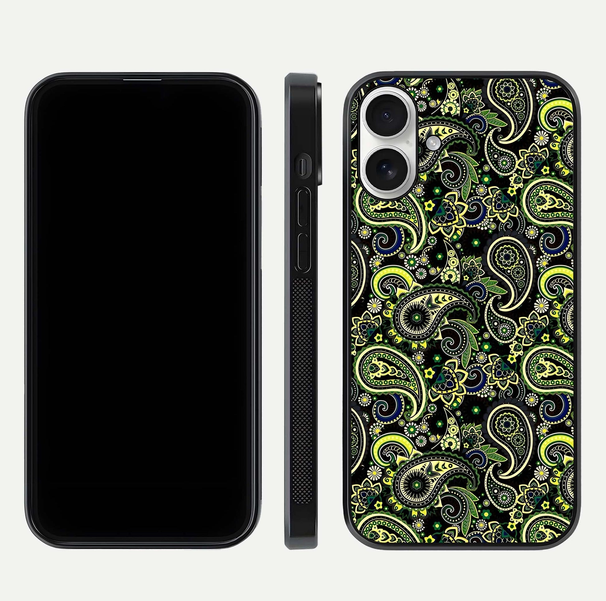 Green Mandala Pattern Glass Case for iPhone 17 front and back view layout highlighting geometric art and curved glass