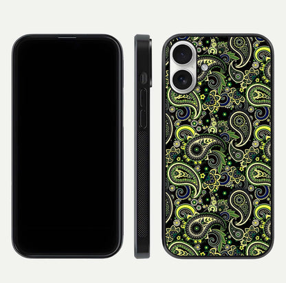 Green Mandala Pattern Glass Case for iPhone 17 front and back view layout highlighting geometric art and curved glass