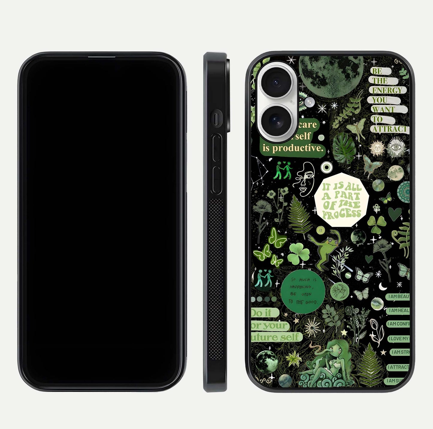 Green Moon Energy Glass Case for iPhone 17 front and back view layout highlighting cosmic tones and smooth edges
