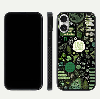 Green Moon Energy Glass Case for iPhone 17 front and back view layout highlighting cosmic tones and smooth edges