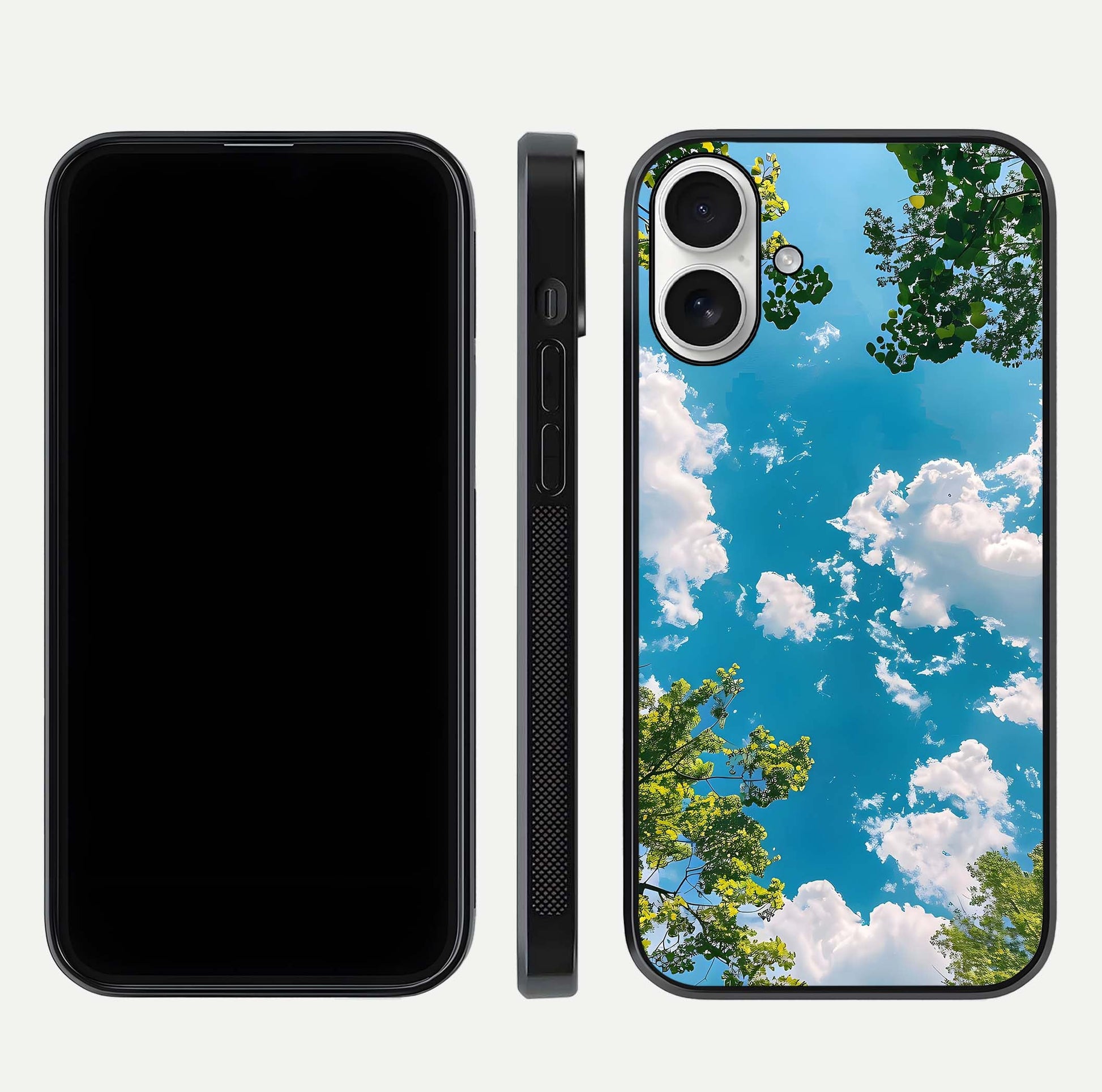 Greenery Sky Glass Case for iPhone 17 front and back view layout displaying scenic green-blue gradient and curved edges