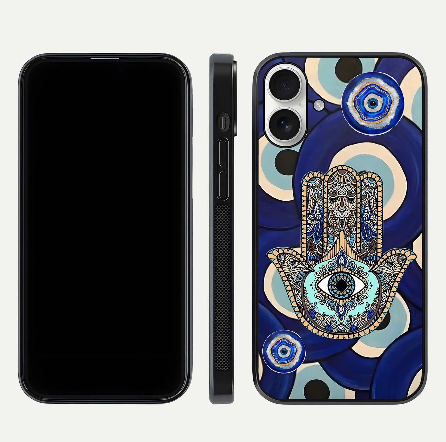 Hamsa Divine Guard Glass Case for iPhone 17 front and back view layout highlighting spiritual artwork and smooth edges